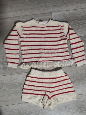 Nautical Cottagecore Girls Knit Sweater Shorts Set Stripe 4T 100% Cotton